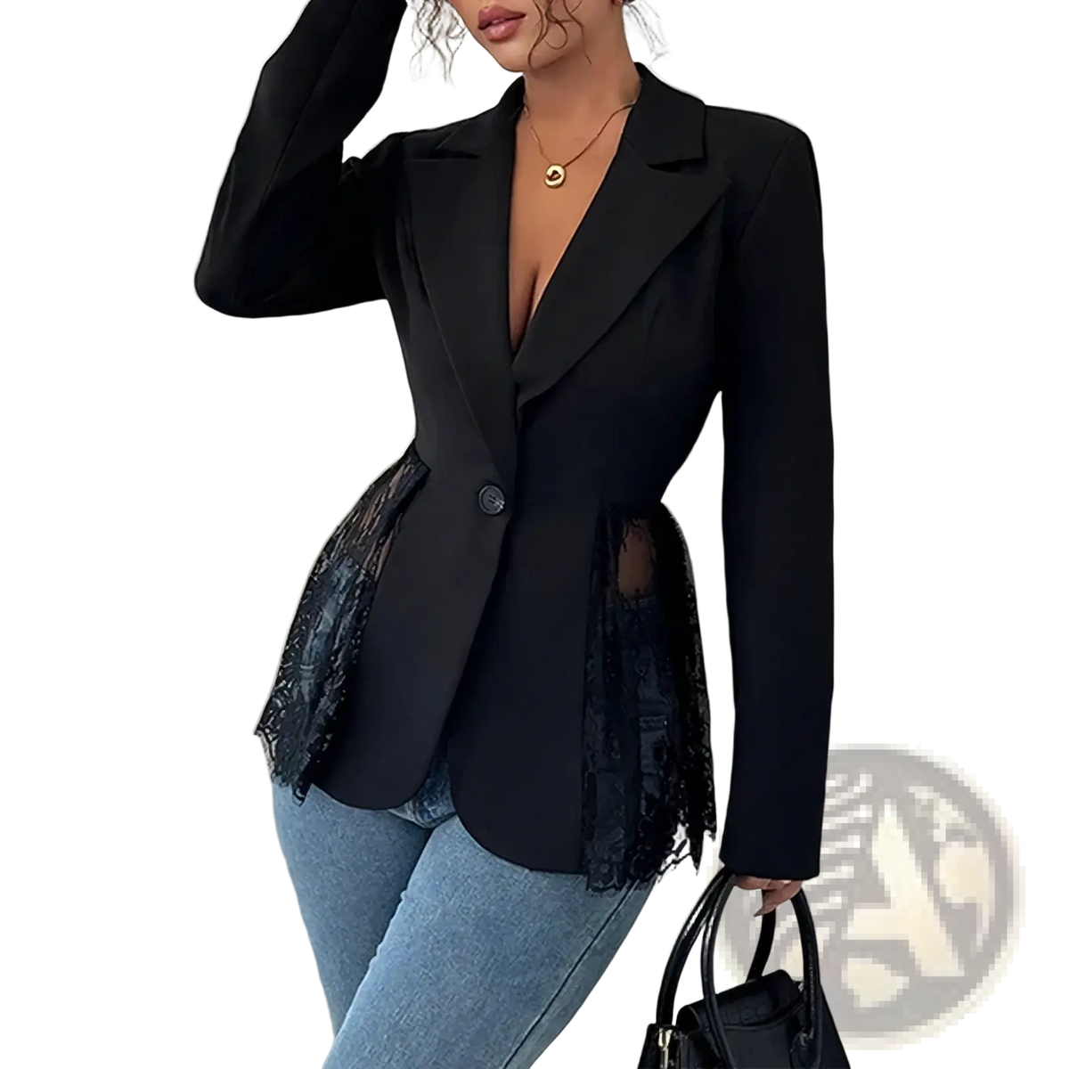 Black lace patchwork blazer for women featuring lace detailing at the sides in a sexy suit coat design