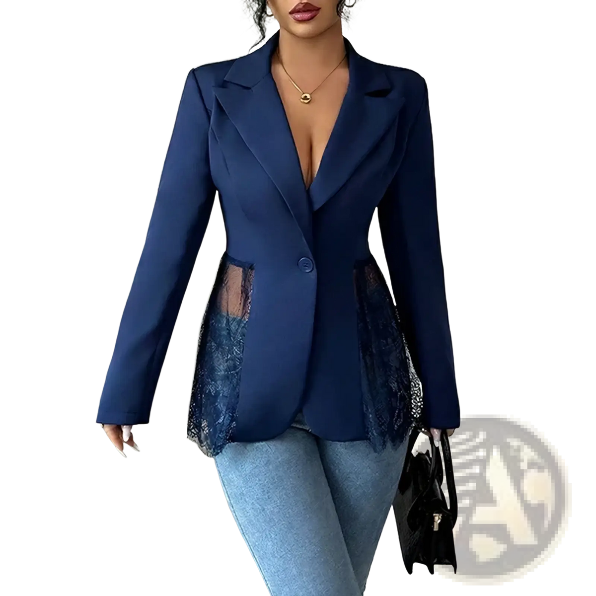 Navy blue lace patchwork blazer with lace detailing at the sides women sexy suit coat for formal occasions