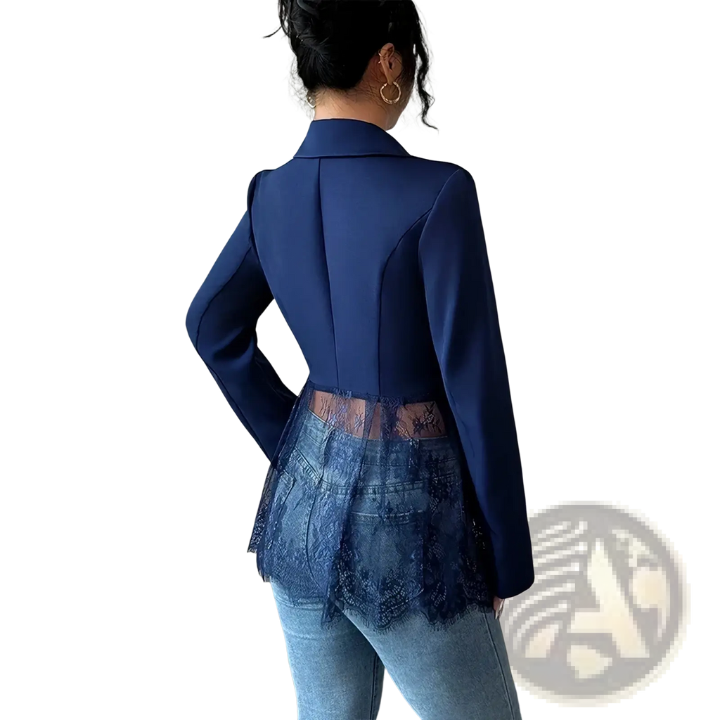 Back side of a navy blue lace patchwork blazer with sheer lace detailing at the hem for a sexy women suit coat