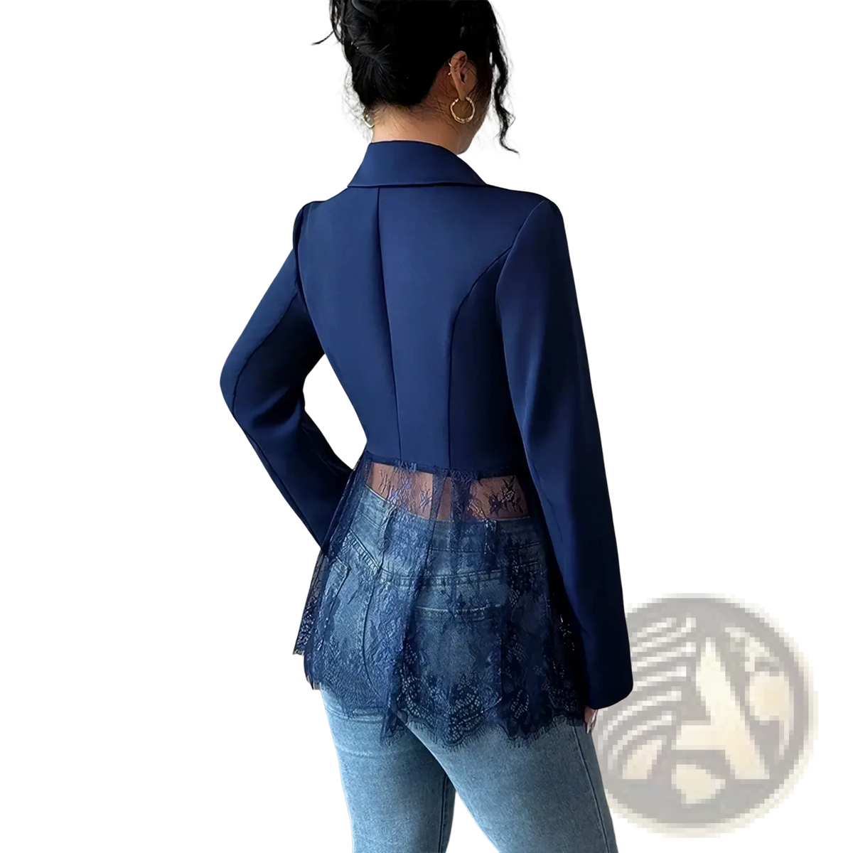 Back side of a navy blue lace patchwork blazer with sheer lace detailing at the hem for a sexy women suit coat