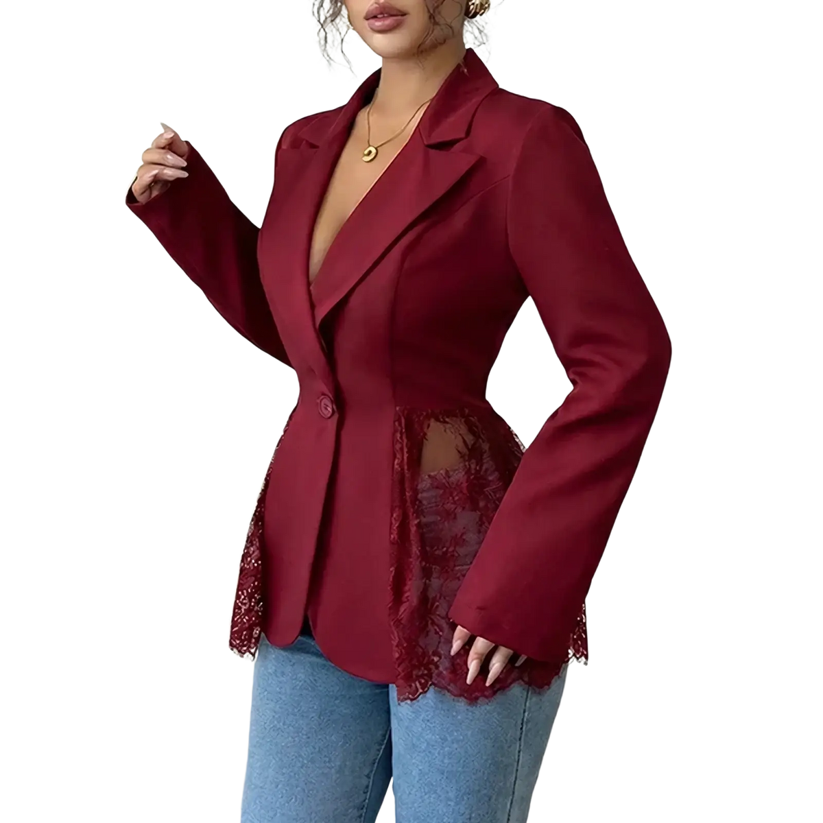 A stylish maroon satin finish lace patchwork blazer with delicate side lace detailing and flared sleeves for women