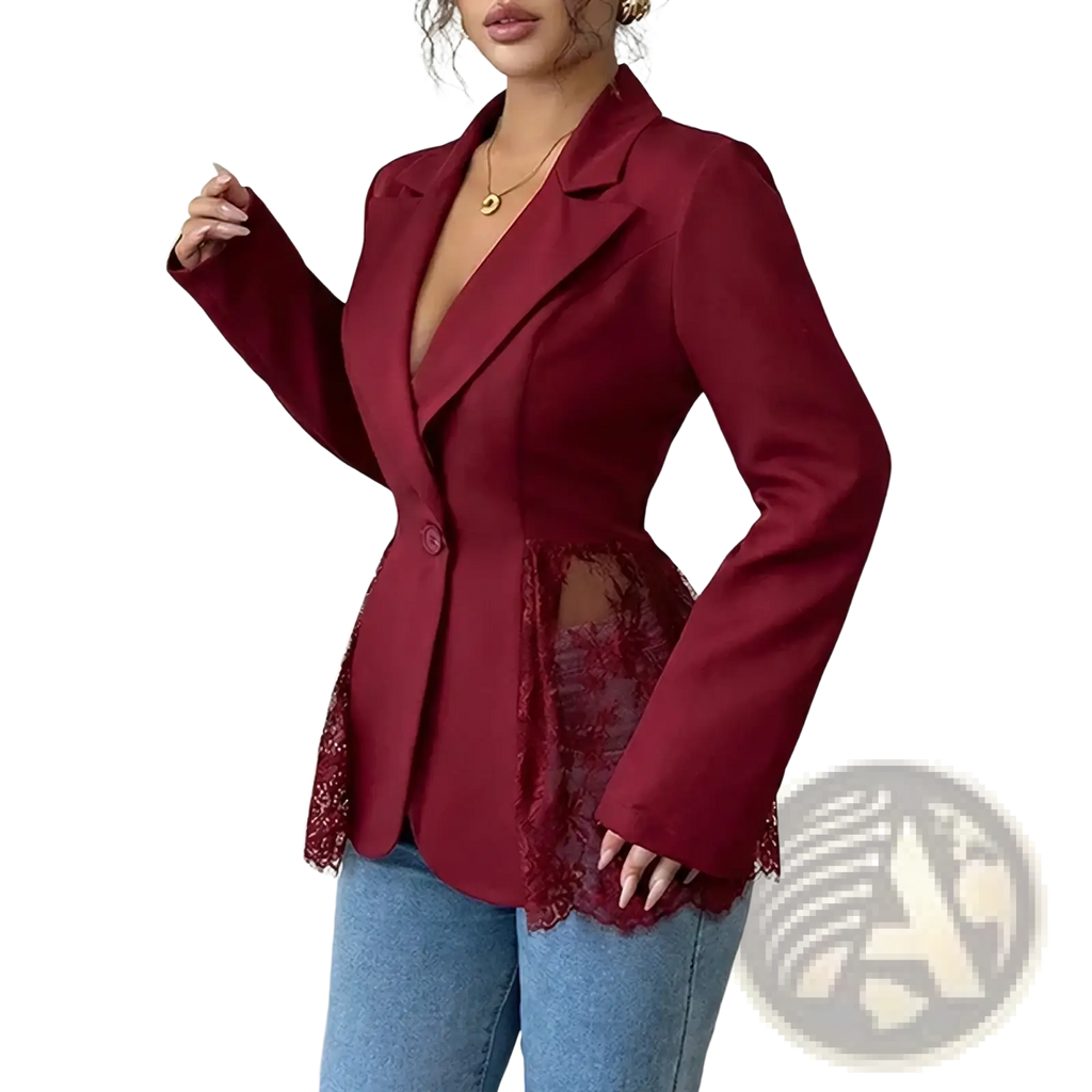 A stylish maroon satin finish lace patchwork blazer with delicate side lace detailing and flared sleeves for women