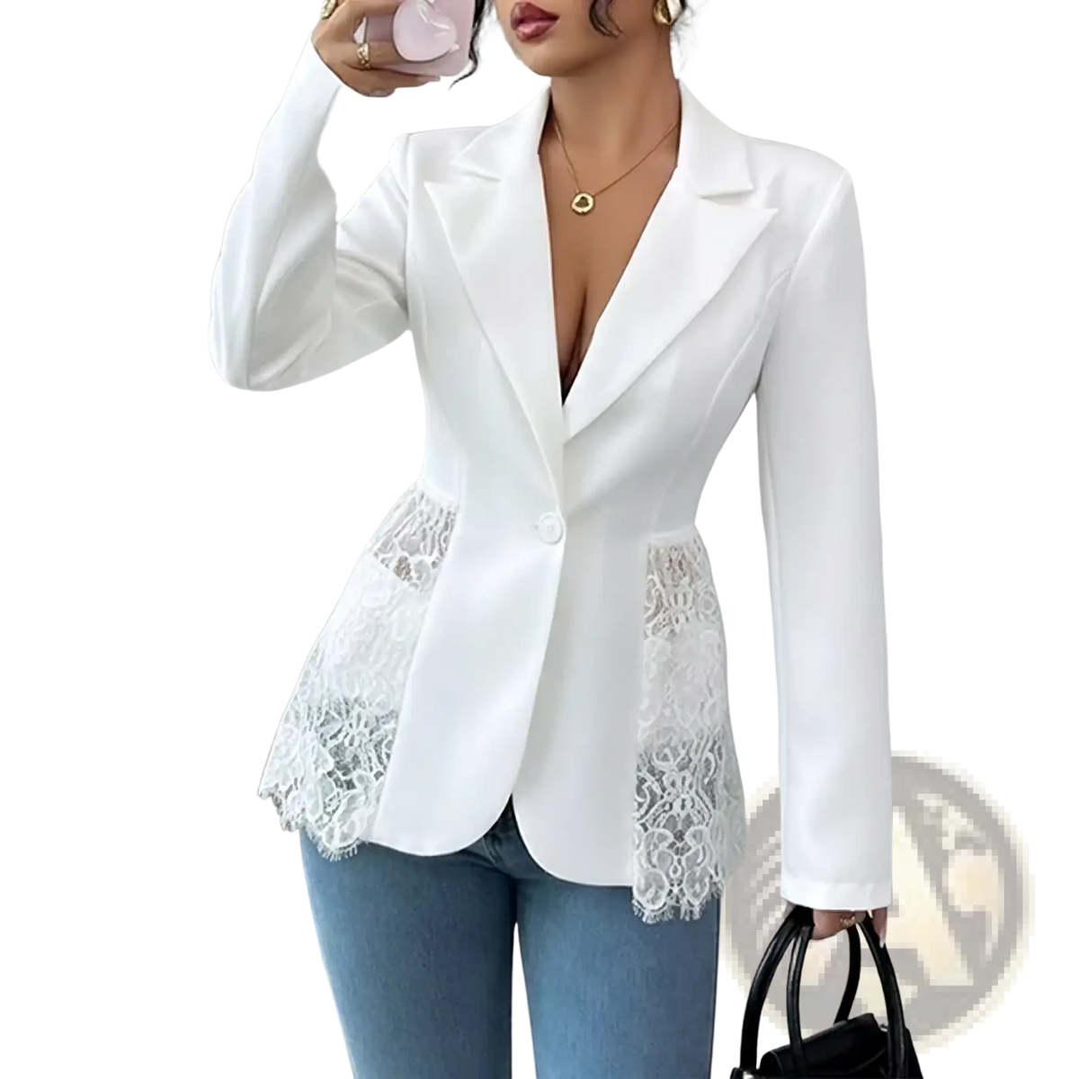 White lace patchwork blazer for women featuring delicate lace trim at hem and pockets for a sexy suit coat look