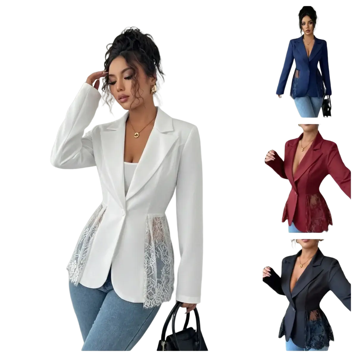White lace patchwork blazer women sexy suit coat with lace-trimmed tailored fit and elegant detailing