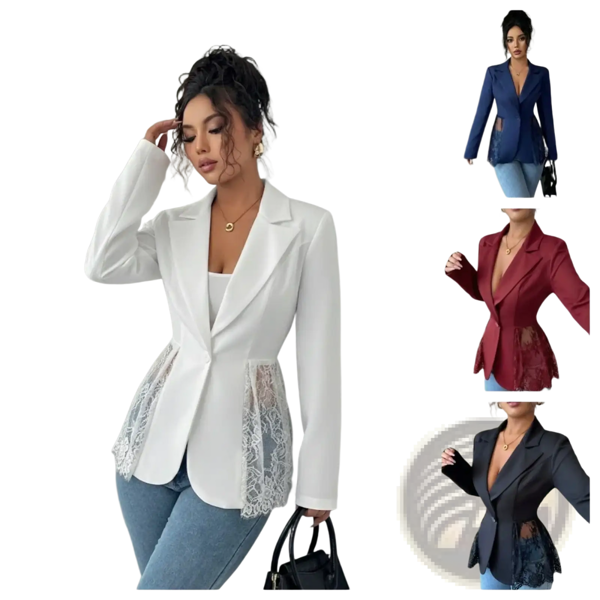 White lace patchwork blazer women sexy suit coat with lace-trimmed tailored fit and elegant detailing