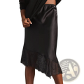 Black satin midi skirt with delicate lace trim at the hem showcasing elegant fabric and design details