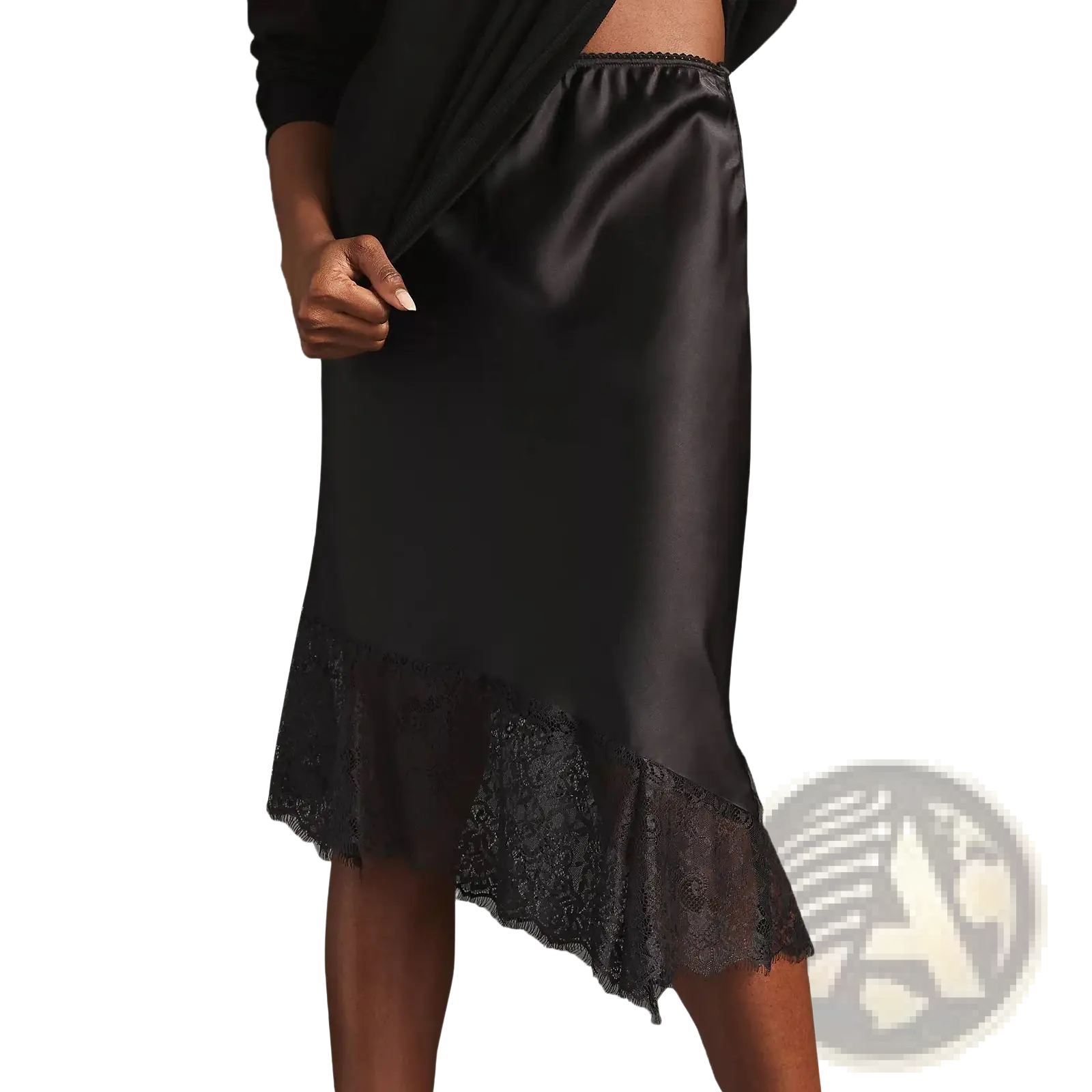 Black satin midi skirt with delicate lace trim at the hem showcasing elegant fabric and design details