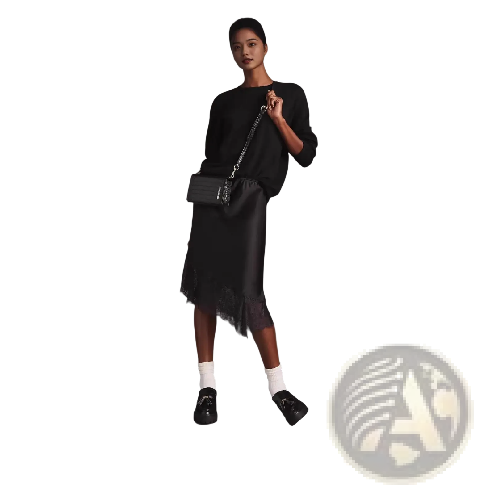Black quilted crossbody bag with silver chain strap paired with lace satin midi skirt in elegant styling
