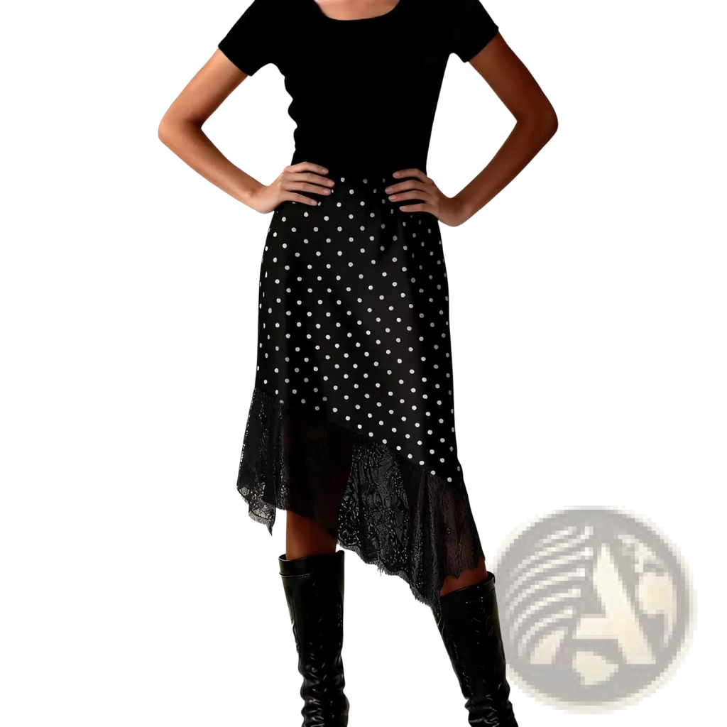 Lace satin midi skirt in black satin with white polka dots and a sheer lace hem for elegant wear