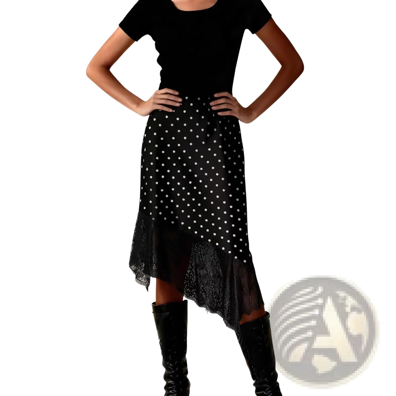 Lace satin midi skirt in black satin with white polka dots and a sheer lace hem for elegant wear