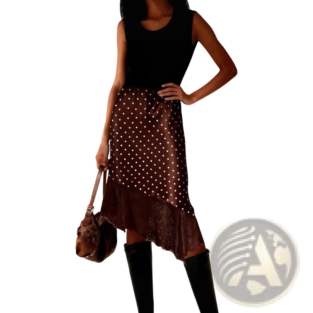 Brown satin midi skirt with white polka dots and delicate lace hem showcasing elegant material and design