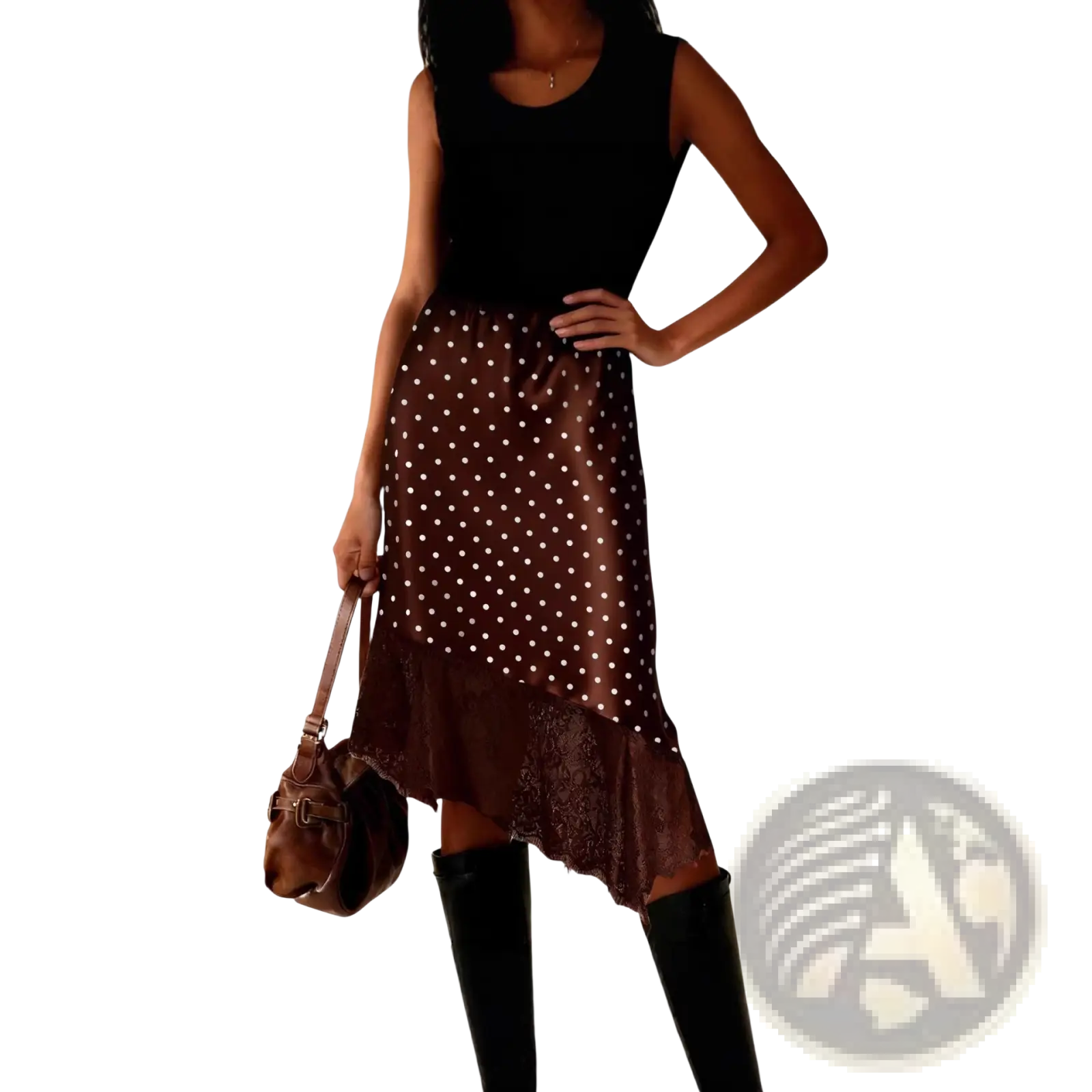 Brown satin midi skirt with white polka dots and delicate lace hem showcasing elegant material and design