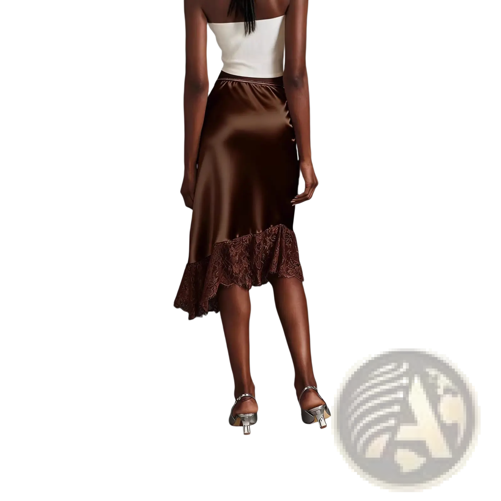 A shimmering chocolate brown satin midi skirt with a delicate lace hem for elegant wear