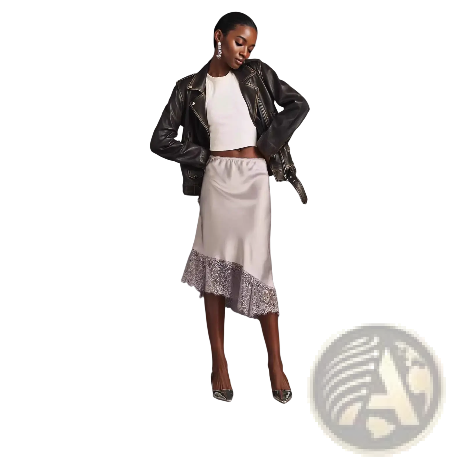 A sleek lace satin midi skirt in soft off-white with delicate lace trim along the hem