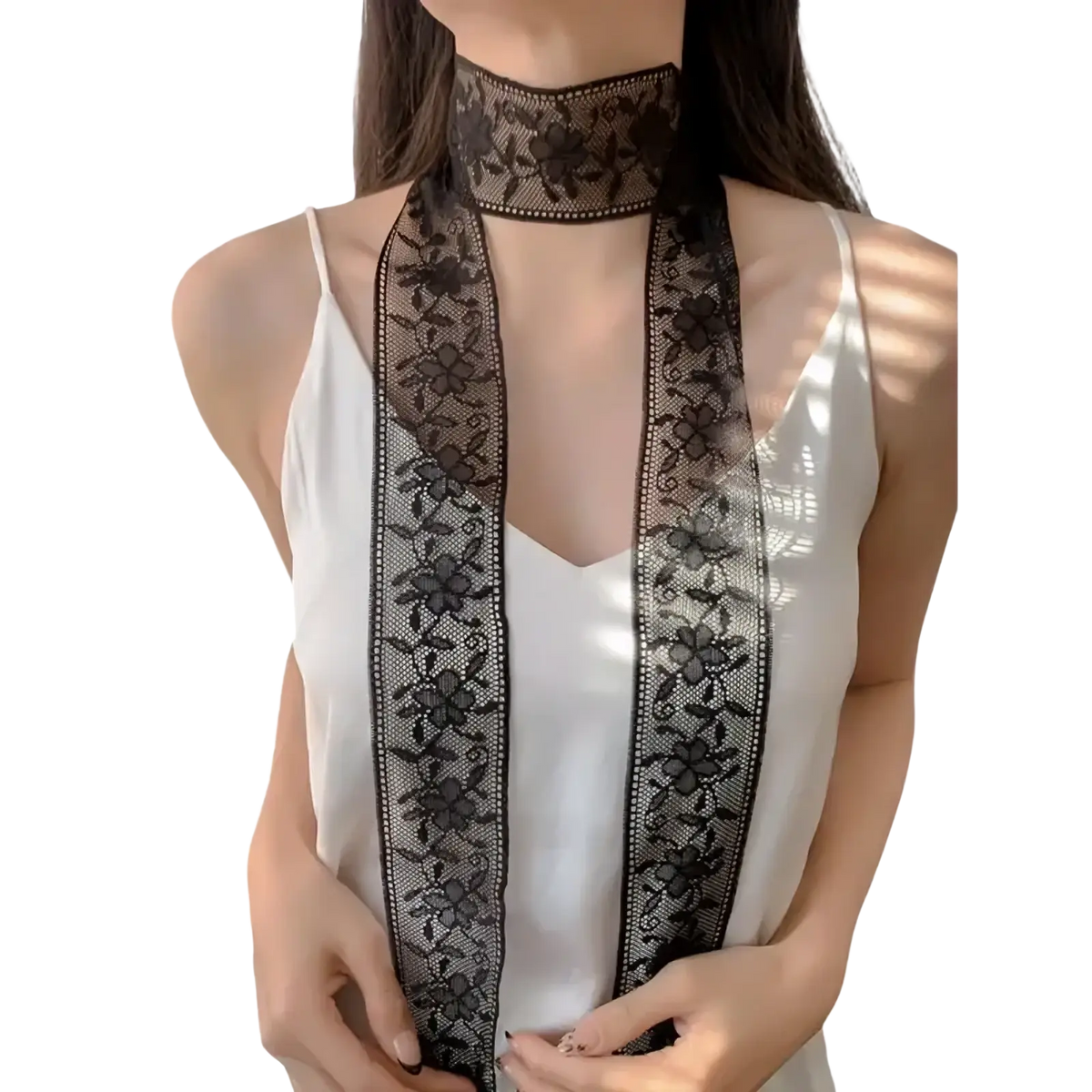 Black floral lace choker with a delicate intricate pattern and sheer texture in lace scarf floral embroidered neck wrap style