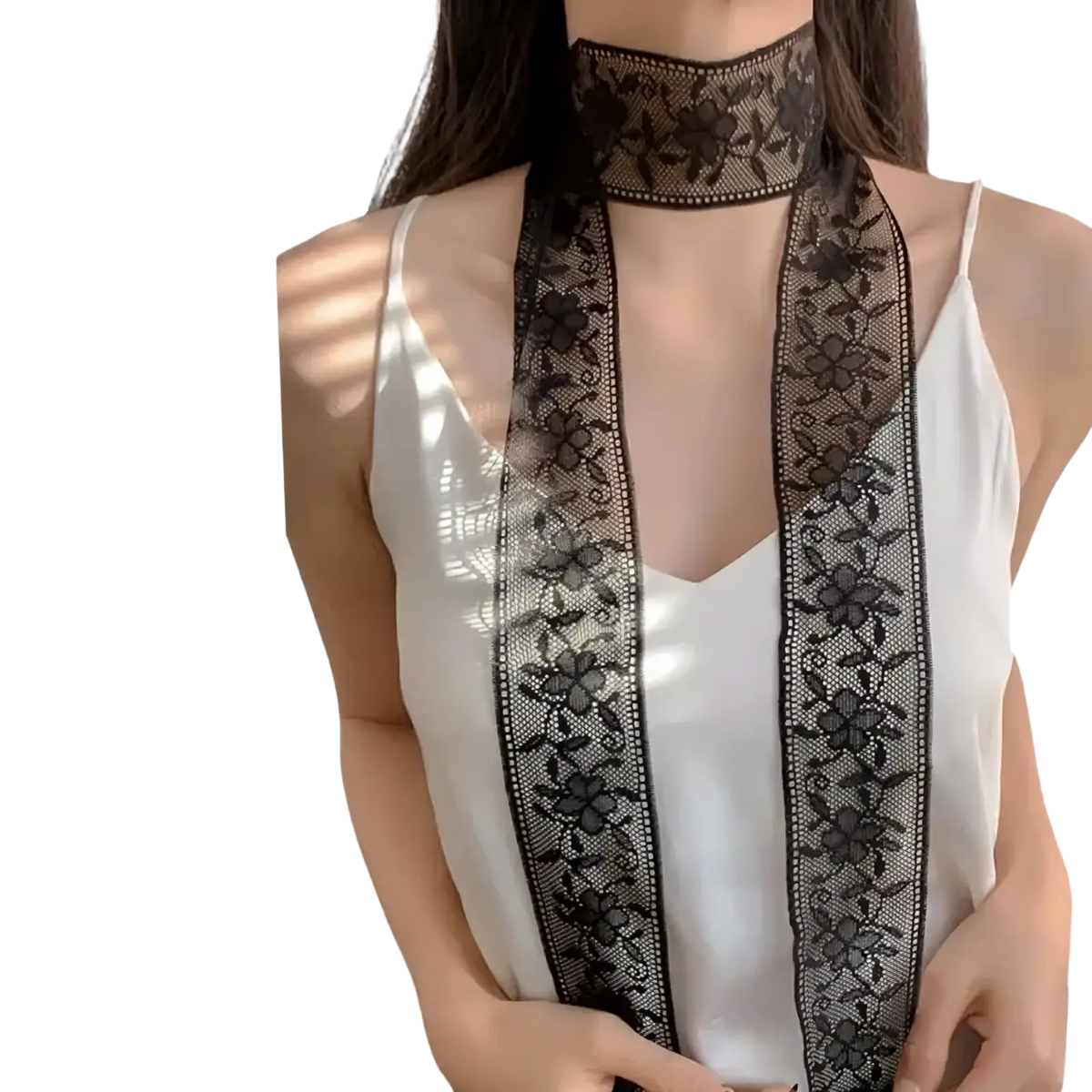 Black floral lace choker with delicate beaded trim featured in lace scarf floral embroidered neck wrap design