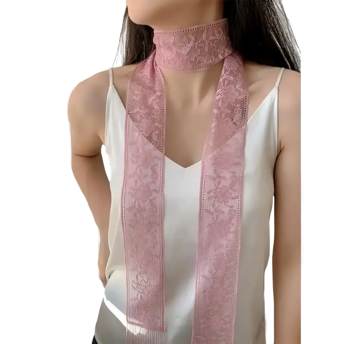 Delicate pink lace scarf floral embroidered neck wrap with a floral pattern and fringed ends for elegant wear