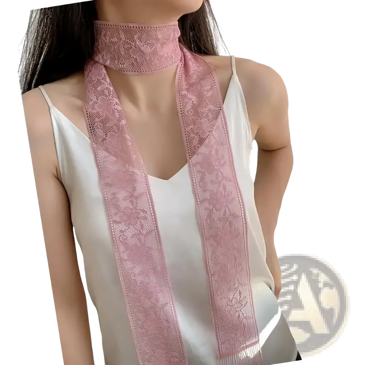 A delicate pink lace scarf floral embroidered neck wrap with a floral pattern and fringed edges