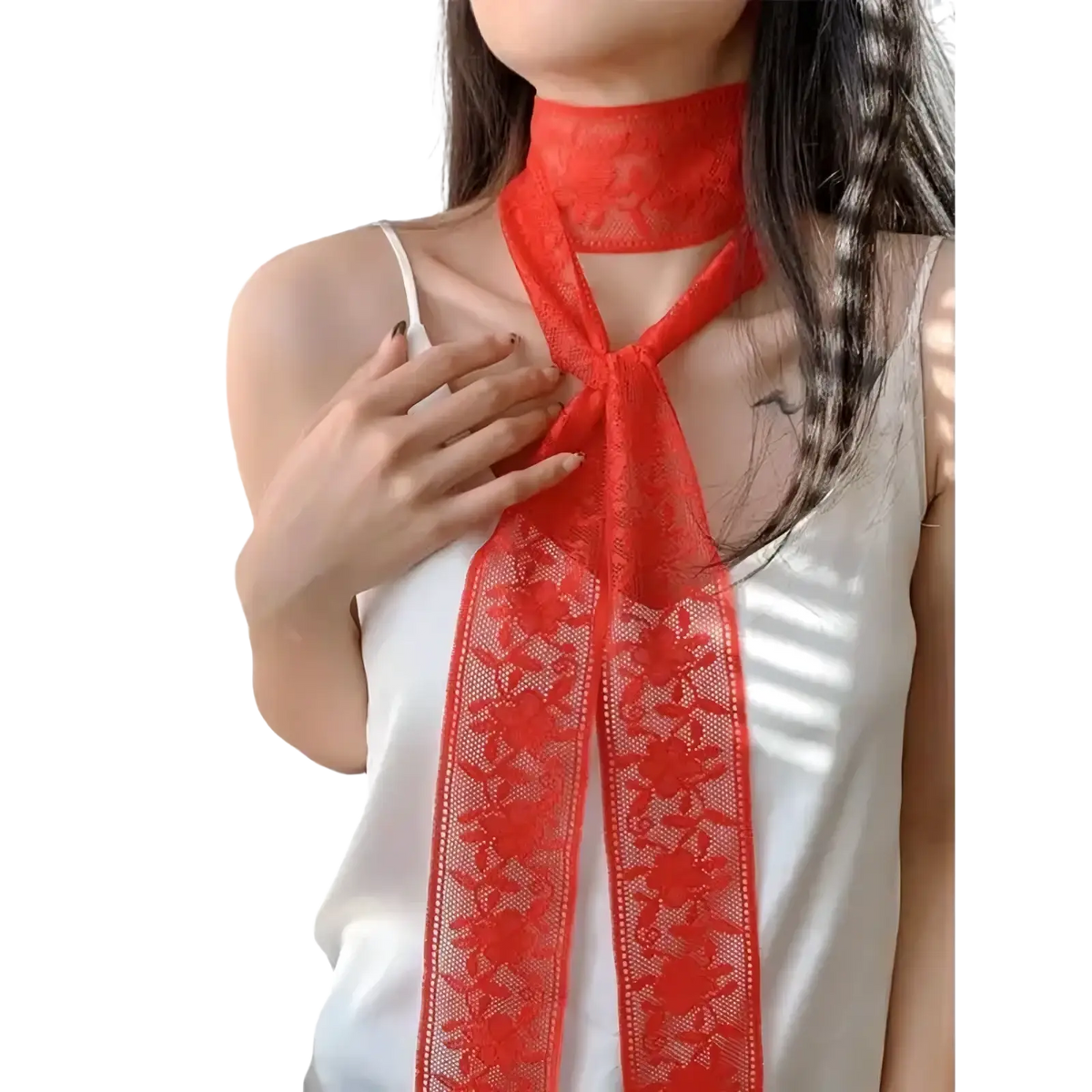 Red floral lace choker with tied bow detail featuring floral embroidery as a lace scarf neck wrap accessory