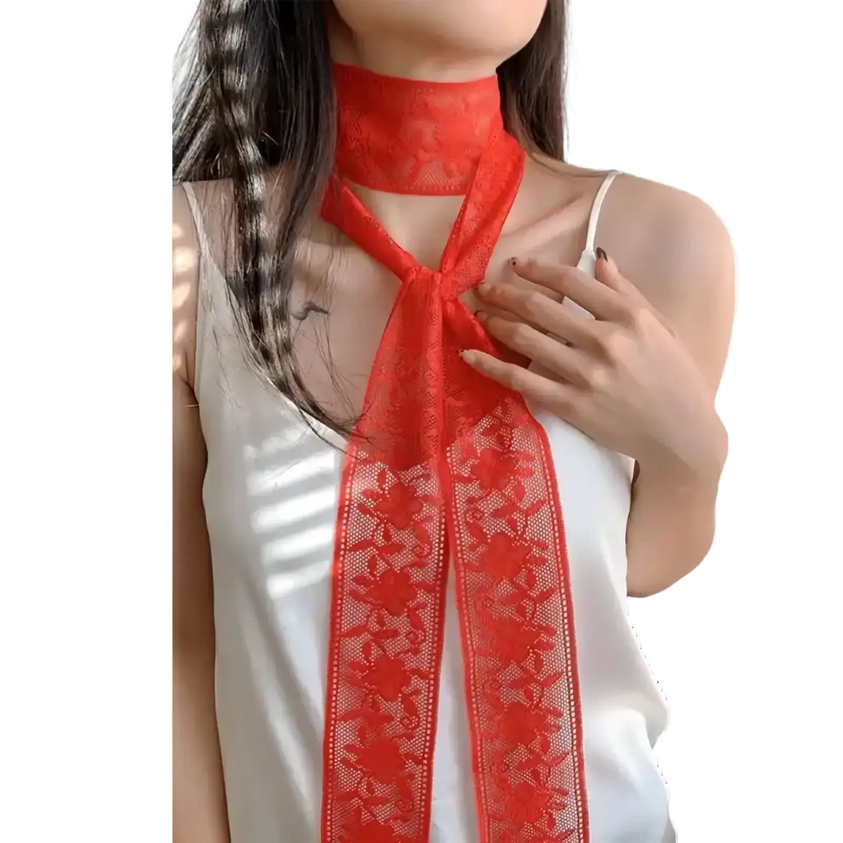 A vibrant red lace scarf floral neck wrap with delicate sheer texture and intricate floral embroidery