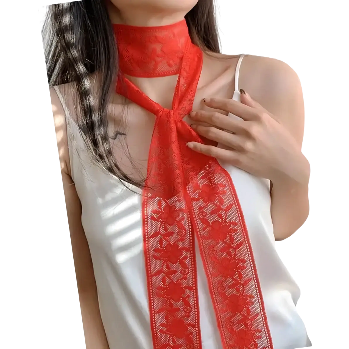A vibrant red lace scarf floral embroidered neck wrap featuring a tied front knot detail