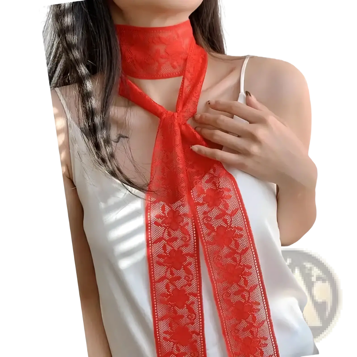 A vibrant red lace scarf floral embroidered neck wrap featuring a tied front knot detail