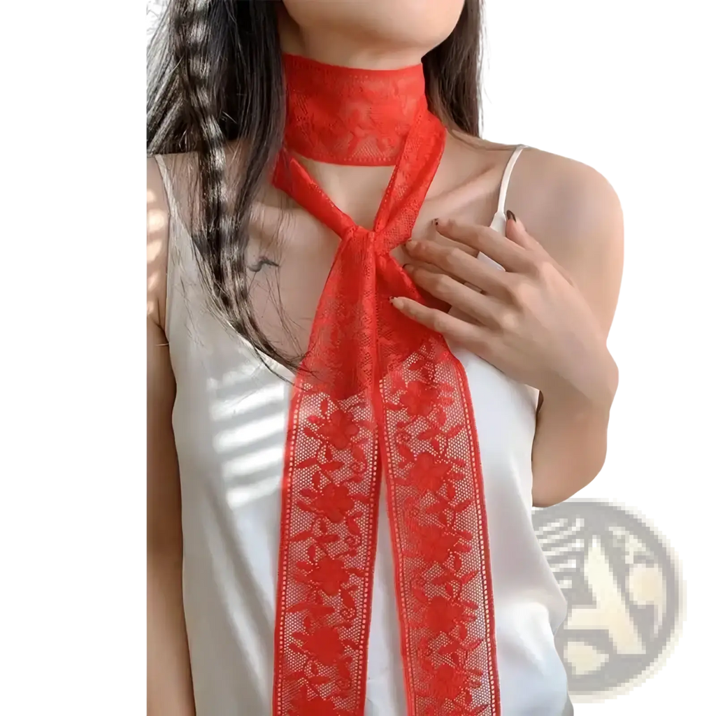 A vibrant red lace scarf floral embroidered neck wrap featuring intricate lace and a tied bow design