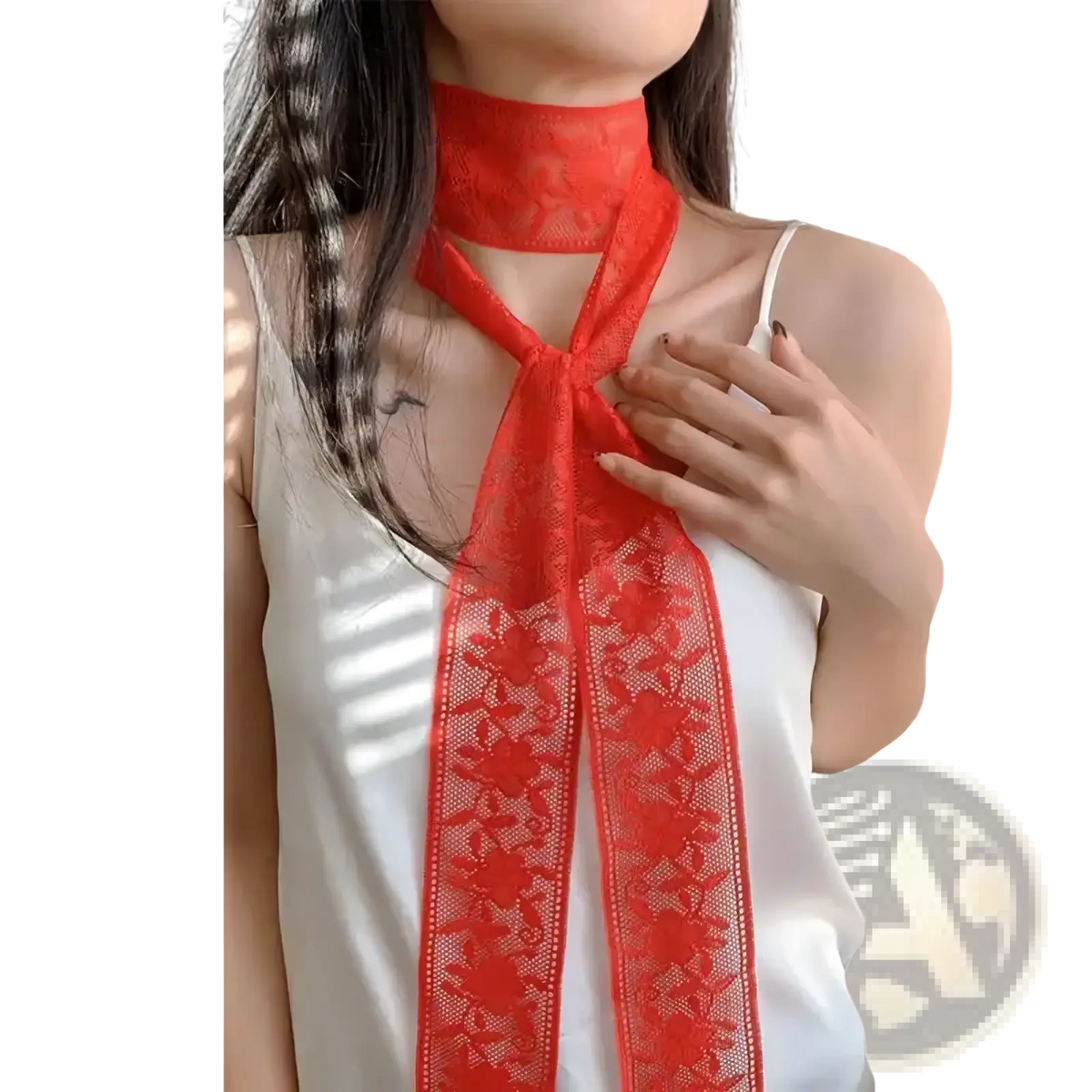 A vibrant red lace scarf floral embroidered neck wrap featuring intricate lace and a tied bow design