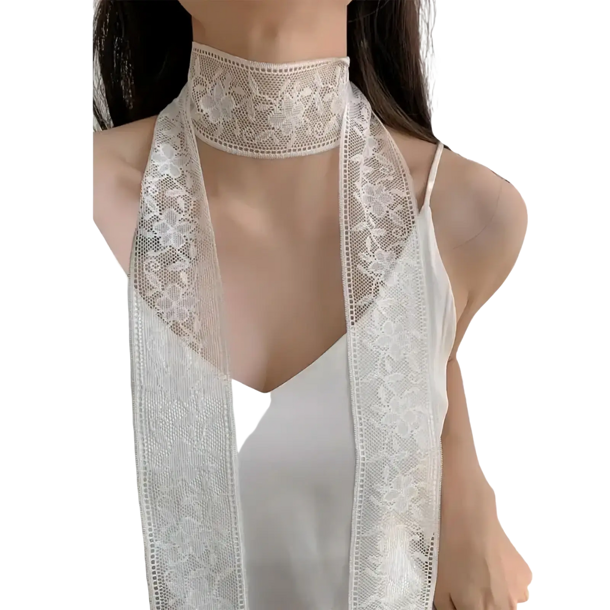 White floral lace scarf neck wrap featuring delicate embroidered patterns and a soft flowing design