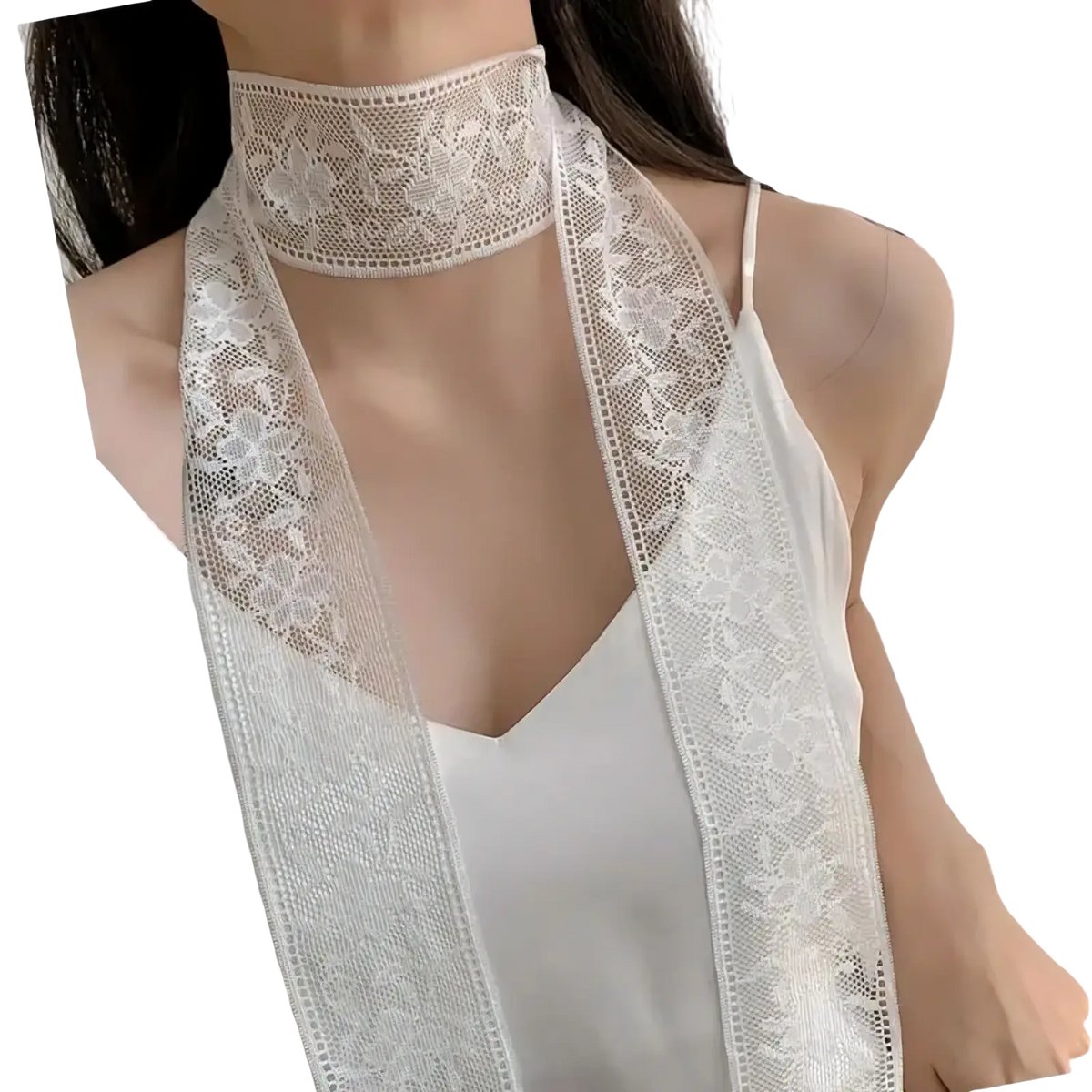 White floral lace choker with delicate sheer design in a lace scarf floral embroidered neck wrap style