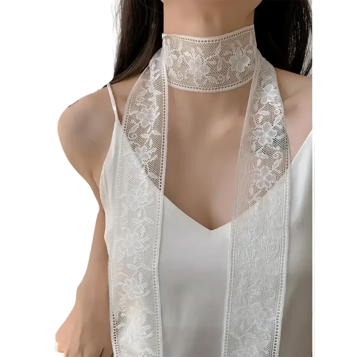 White lace scarf floral neck wrap featuring delicate floral patterns and a flowing sheer design