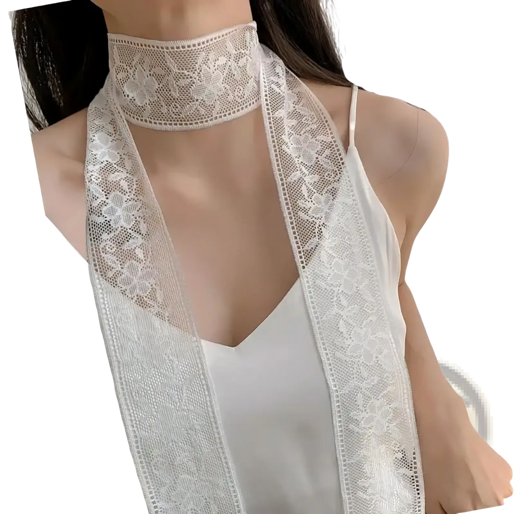 White floral lace choker with delicate sheer design in a lace scarf floral embroidered neck wrap style