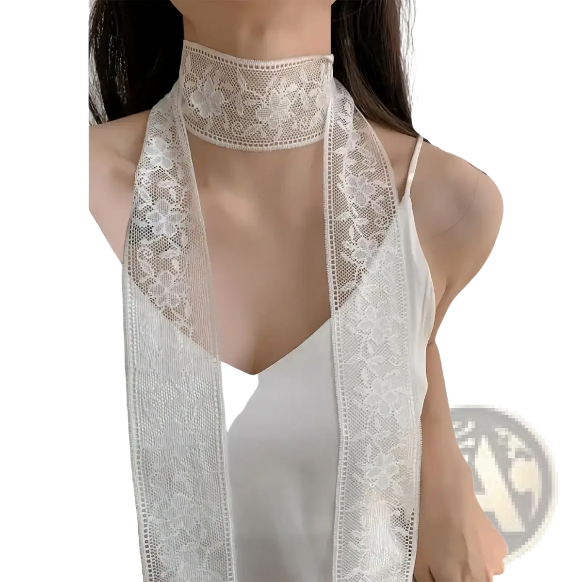White floral lace scarf neck wrap featuring delicate embroidered patterns and a soft flowing design