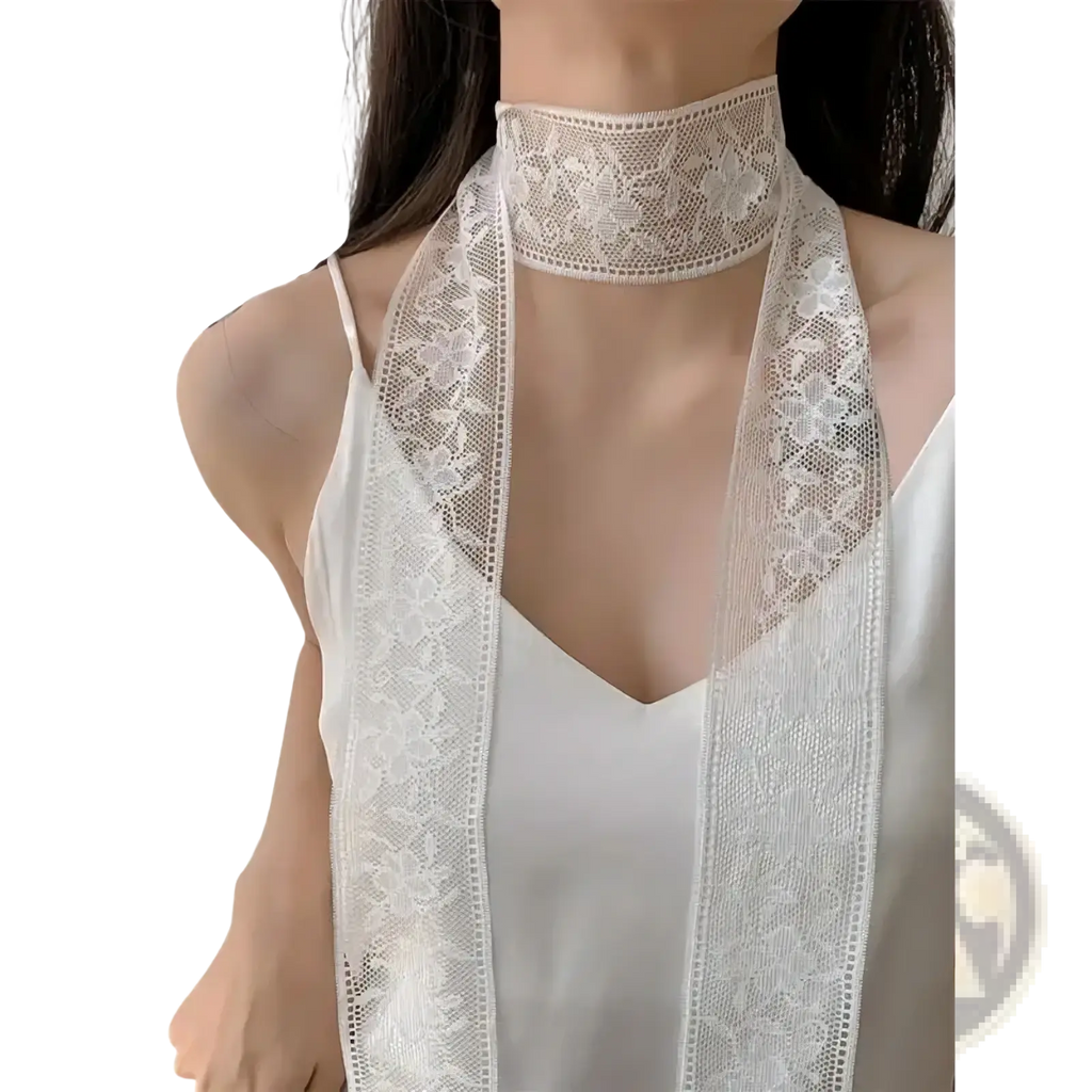 White floral lace choker with long flowing strap featuring floral embroidered lace scarf neck wrap design