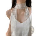 White floral lace choker with long flowing strap featuring floral embroidered lace scarf neck wrap design