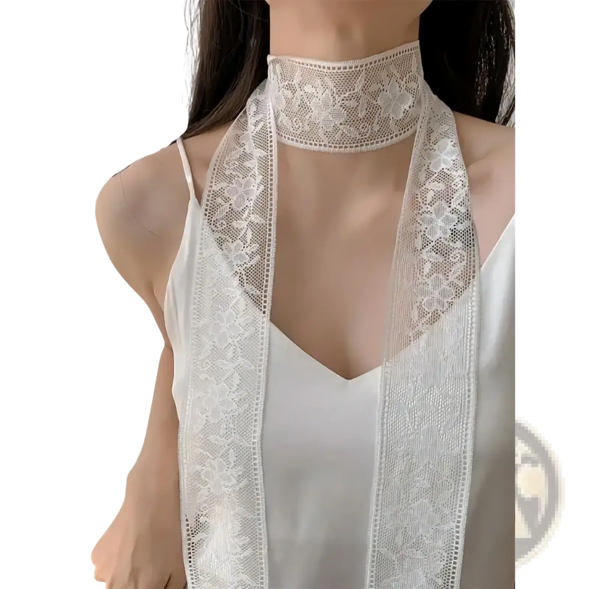White floral lace choker with long flowing strap featuring floral embroidered lace scarf neck wrap design