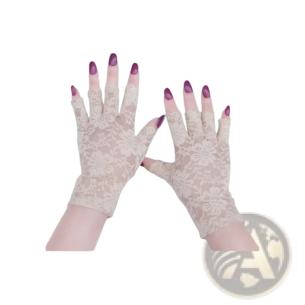 Beige lace sun protection fingerless gloves for women with a delicate semi-transparent floral design