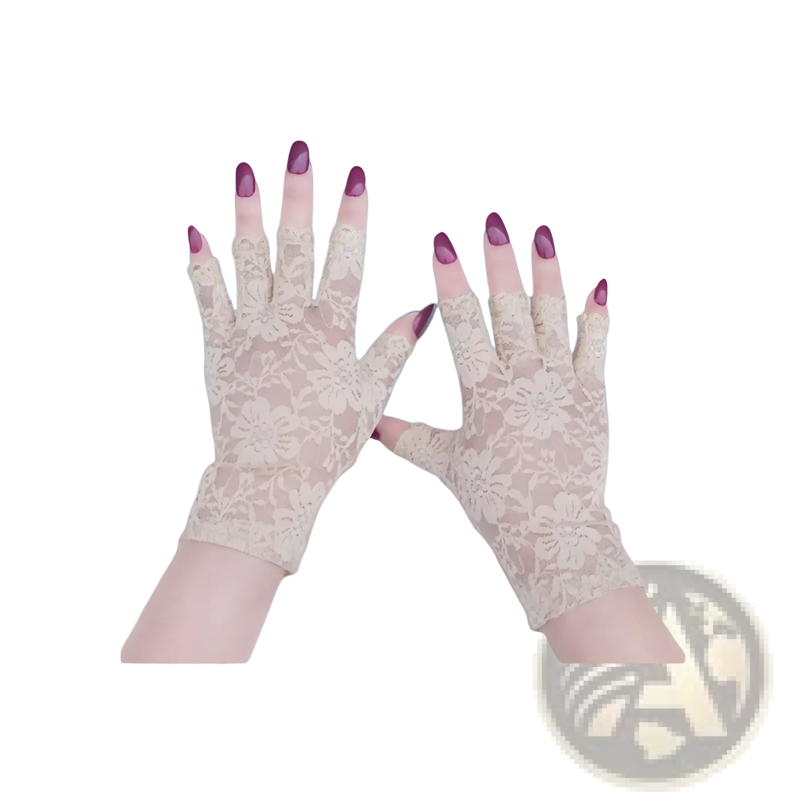 Beige lace sun protection fingerless gloves for women with a delicate semi-transparent floral design