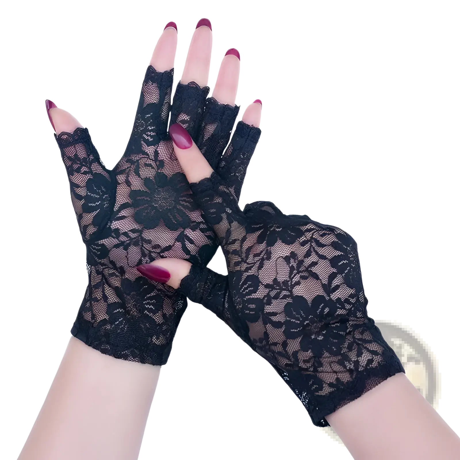 Black floral lace fingerless gloves showing the back side designed for lace sun protection for women