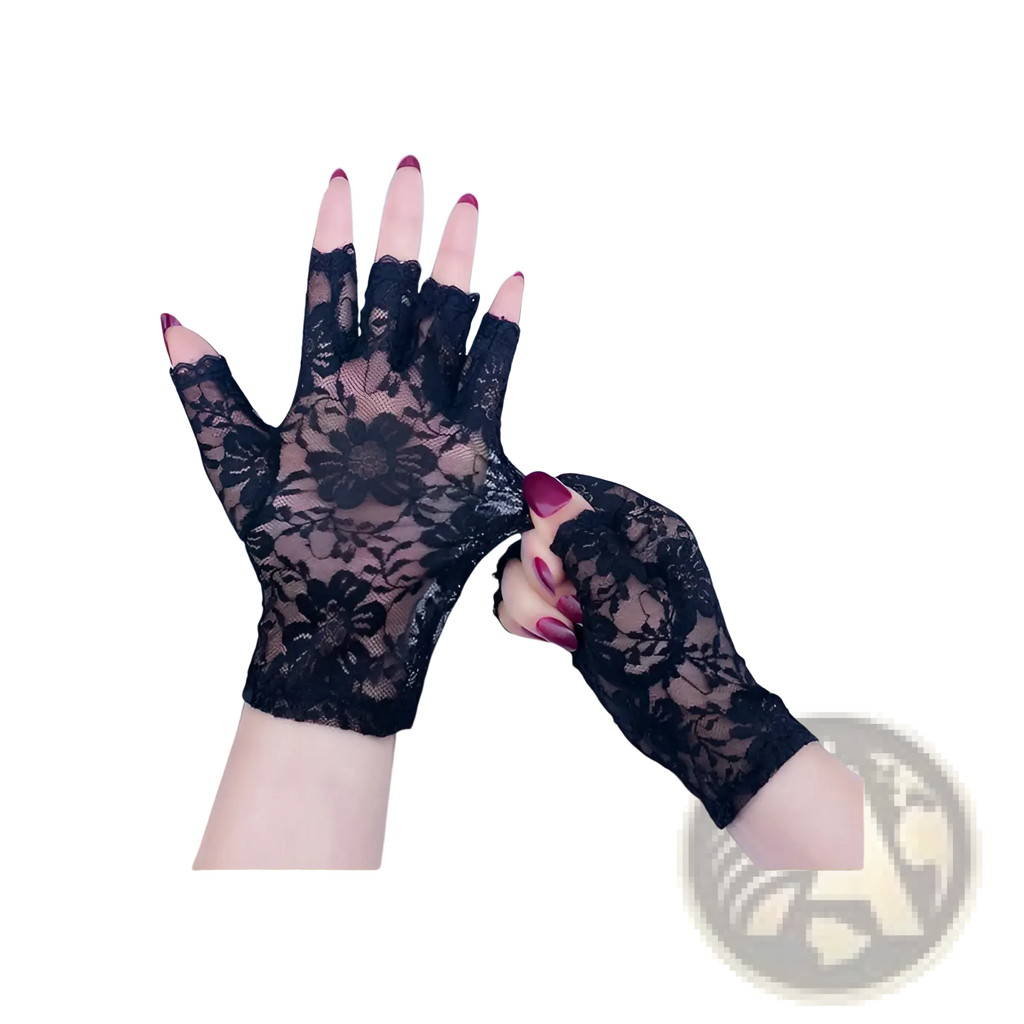 Black floral lace fingerless gloves showing the back side designed for lace sun protection for women