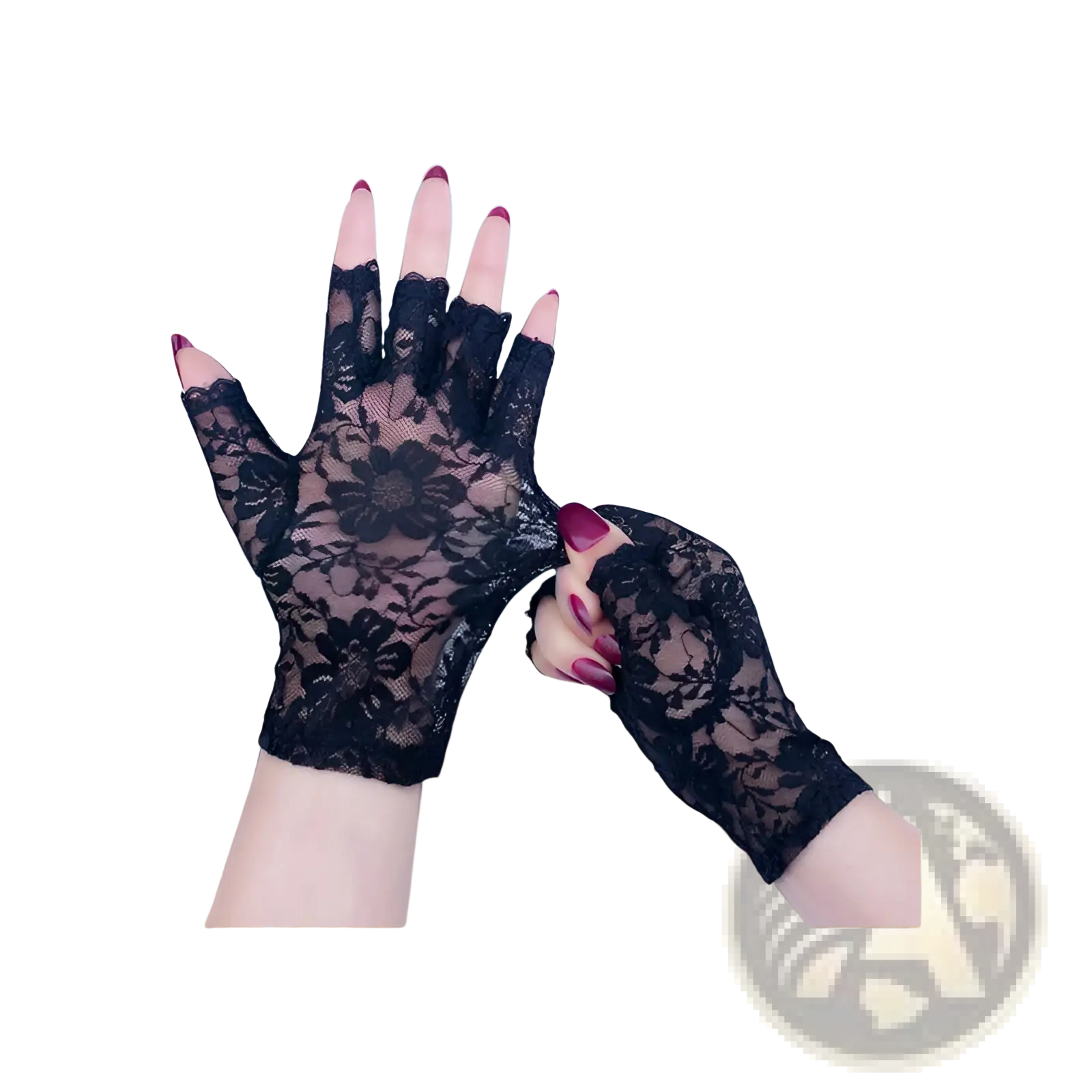 Black floral lace fingerless gloves showing the back side designed for lace sun protection for women