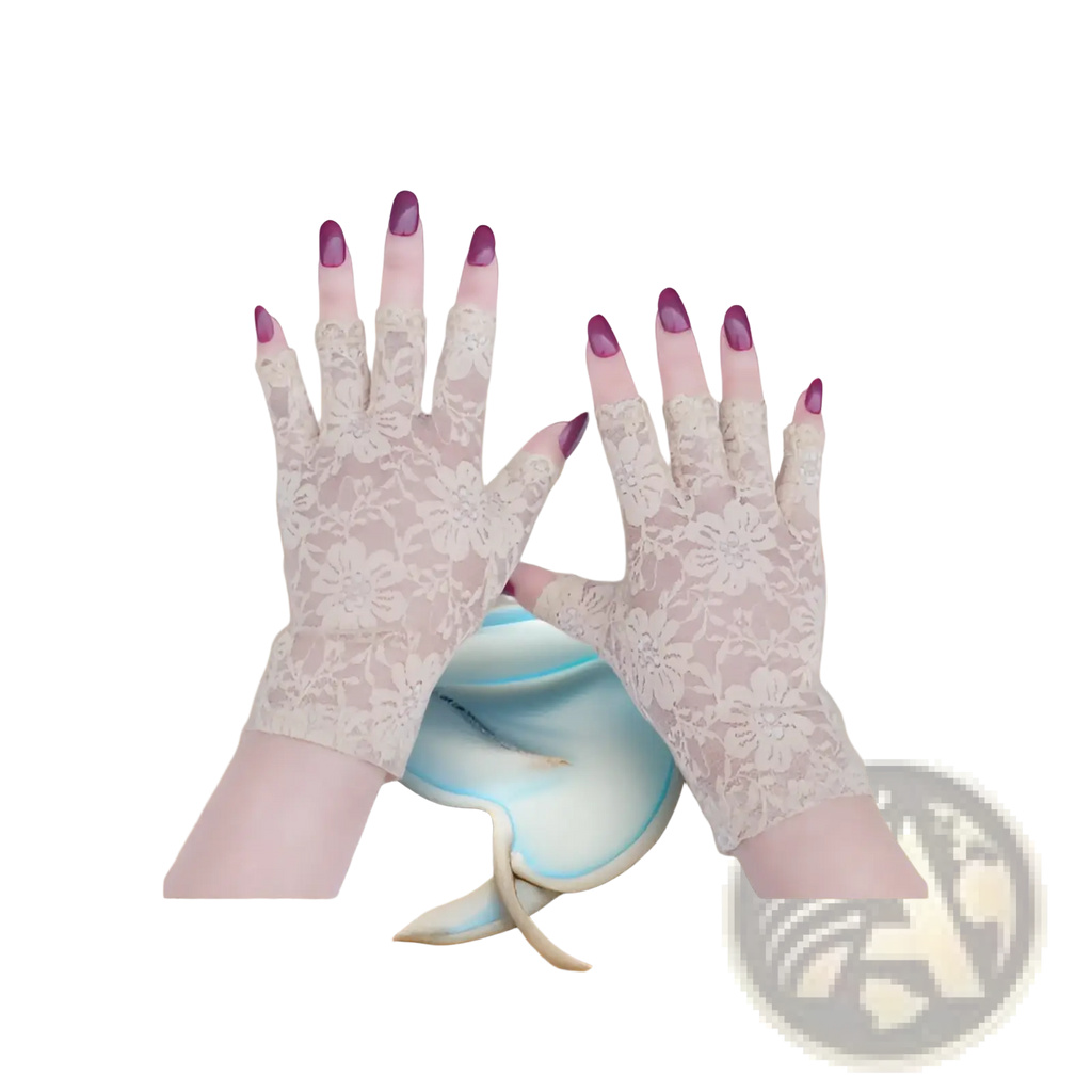 Lace sun protection fingerless gloves for women in delicate off-white floral lace with sheer breathable mesh texture
