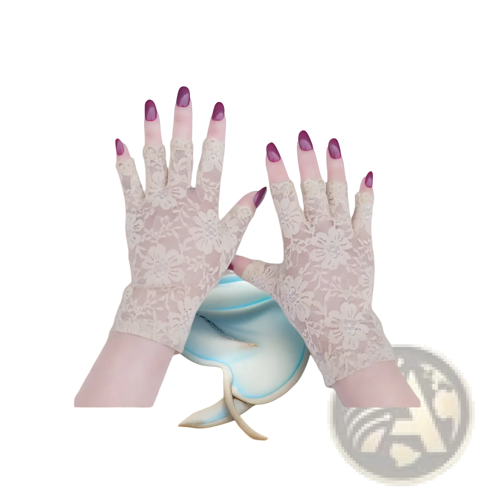 Lace sun protection fingerless gloves for women in delicate off-white floral lace with sheer breathable mesh texture