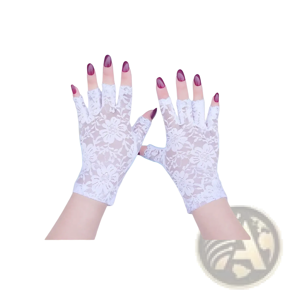 White floral lace fingerless gloves with delicate semi-transparent design for sun protection for women
