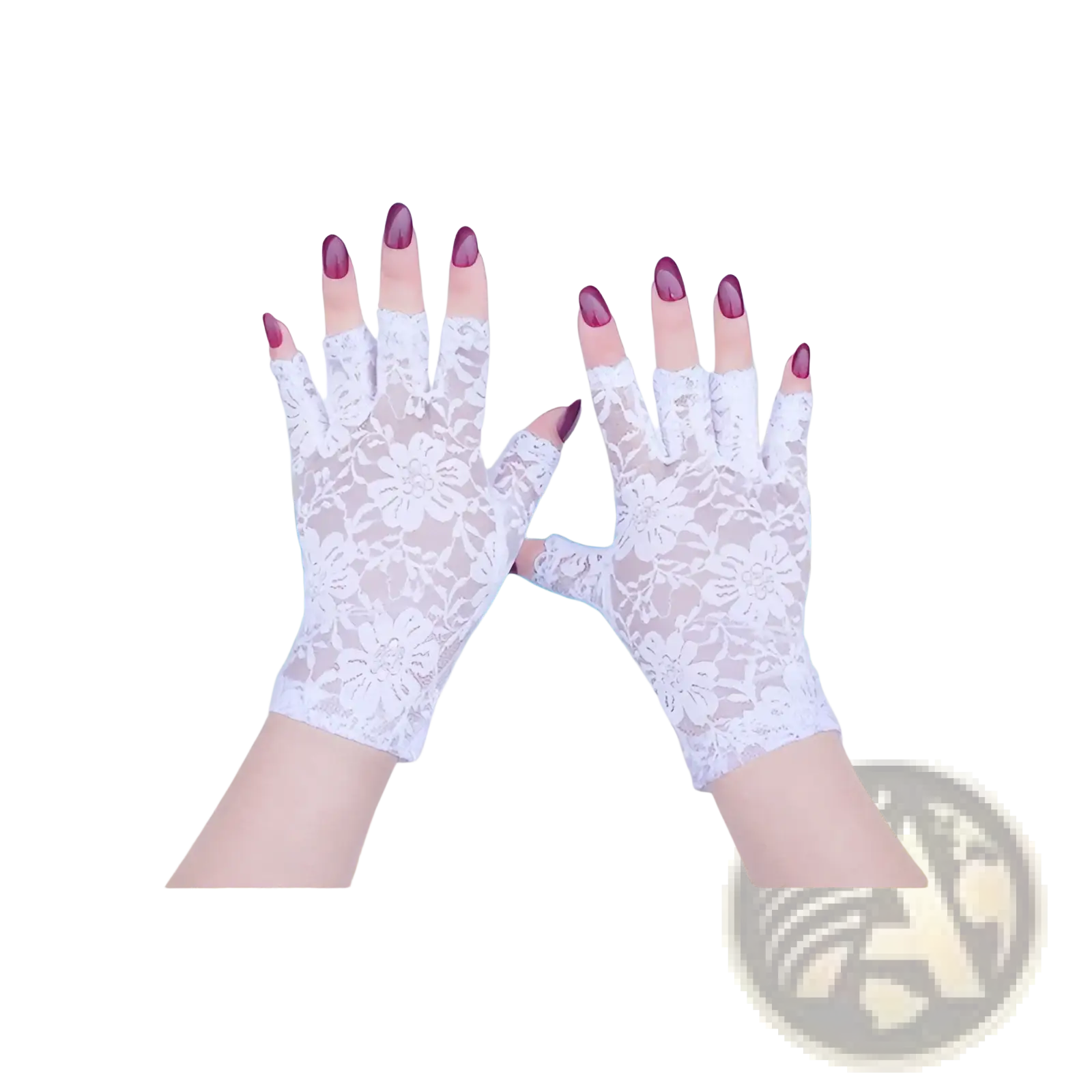 White floral lace fingerless gloves with delicate semi-transparent design for sun protection for women