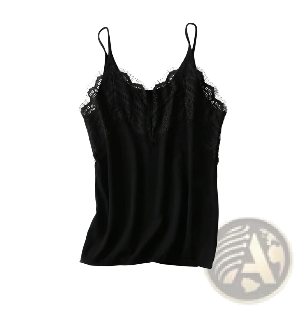 Black lace trim camisole top with spaghetti straps made of soft fabric for elegant layering and casual wear