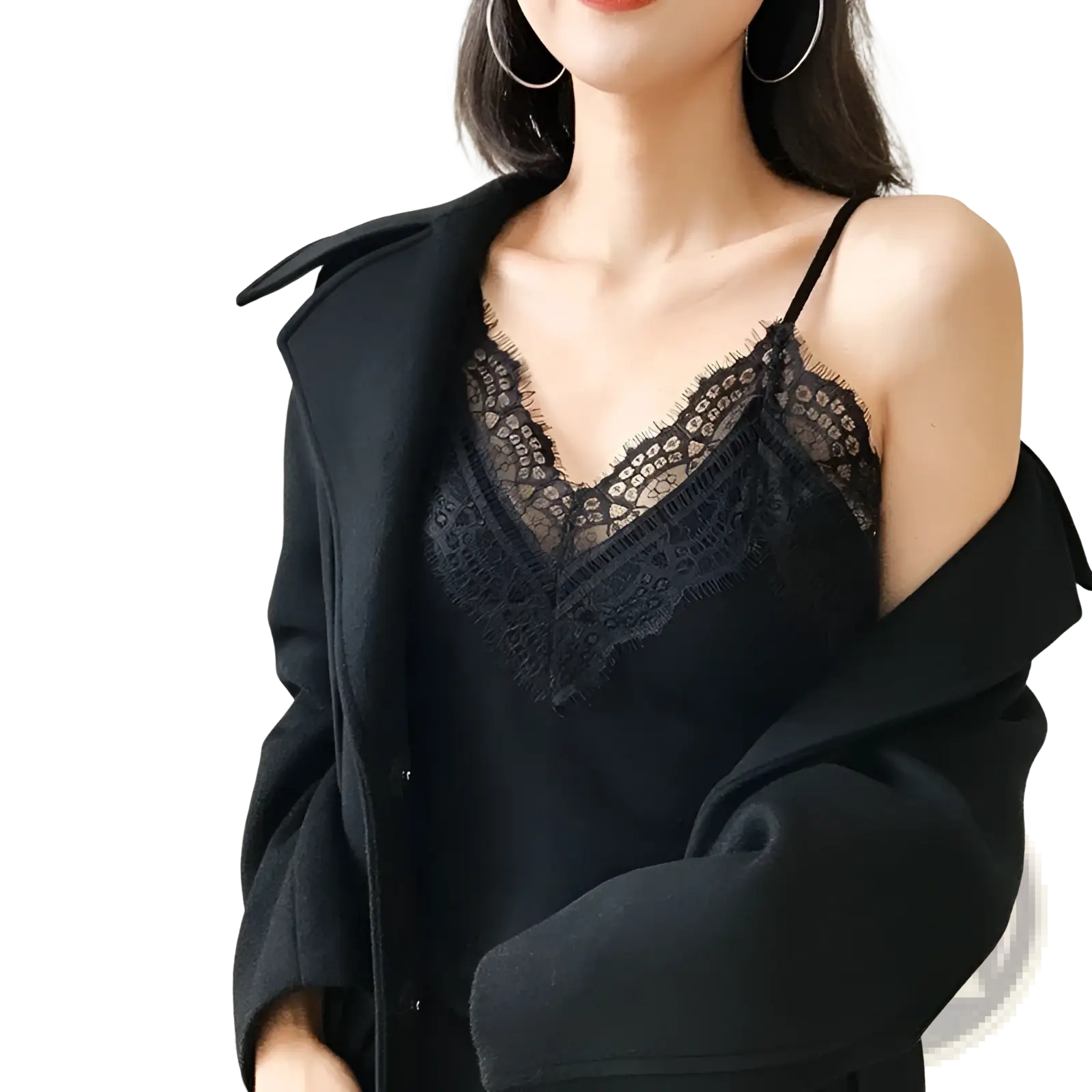 Black lace trim camisole top with delicate floral patterns and thin spaghetti straps in a soft lace material