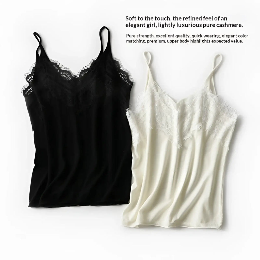 Black and off-white lace trim camisole tops made of soft pure cashmere for elegant layering and comfort