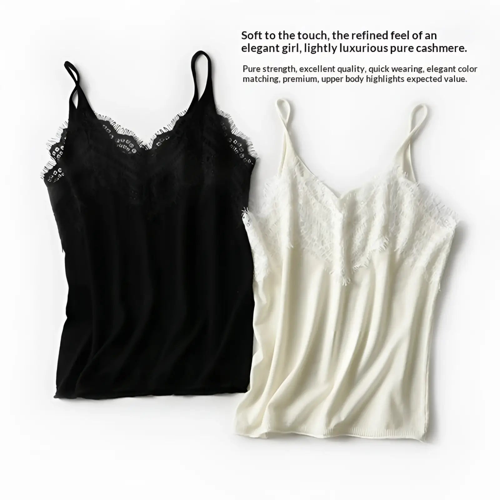 Black and off-white lace trim camisole tops made of soft pure cashmere for elegant layering and comfort