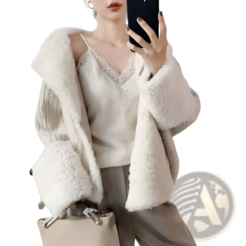 Cream-colored plush faux fur cropped cardigan with textured knit body and wide sleeves shown from the back side